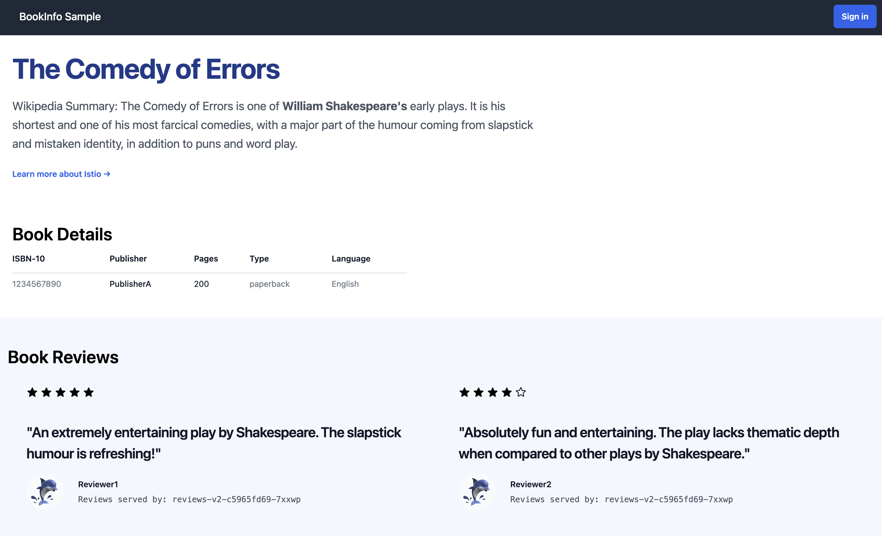 Bookinfo Web Application with black stars as ratings